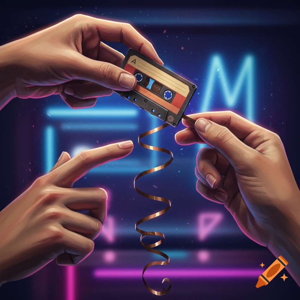 Two pairs of hands, one holding a retro cassette tape with its magnetic tape spiraling downwards, set against a vibrant neon-lit background.