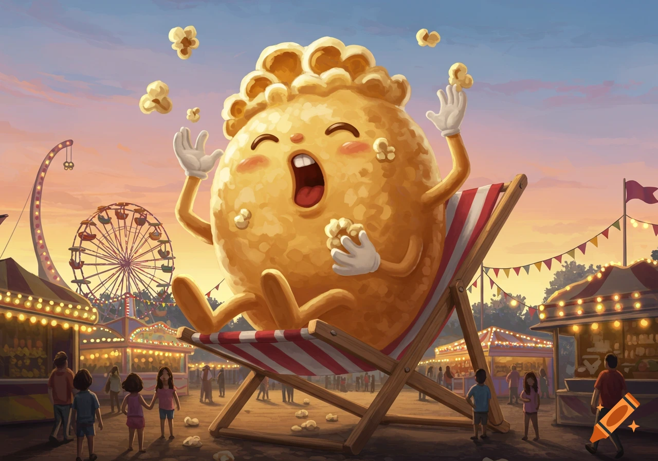 A giant, smiling popcorn character in a beach chair eats popcorn at a vibrant fairground with a Ferris wheel at sunset, illustrated.