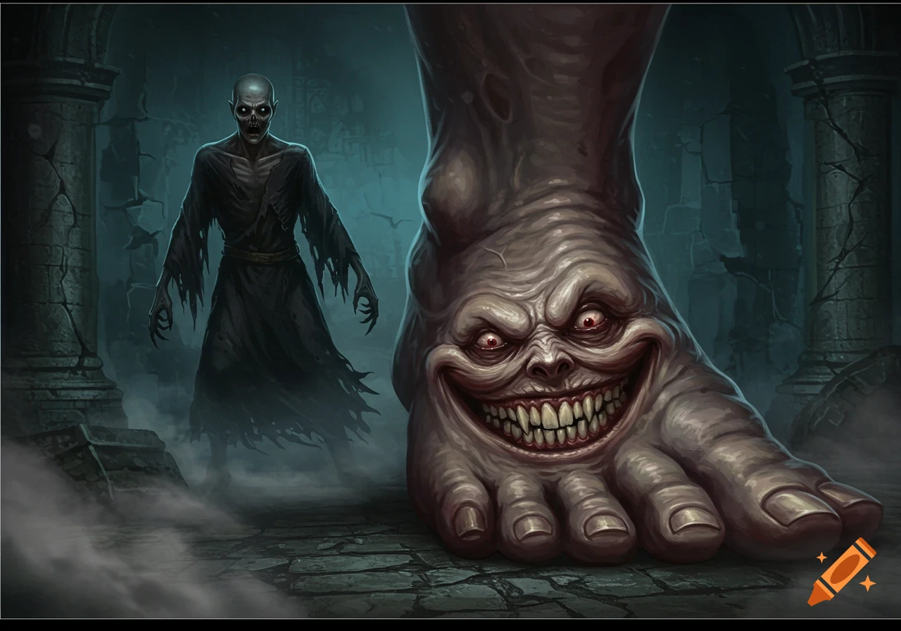 A grotesque foot with a human face and a skeletal zombie-like figure stand in a dark, ruined hall.