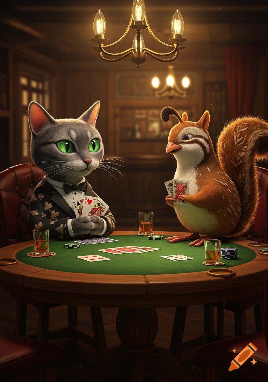 An anthropomorphic grey cat in a suit and a brown squirrel play poker at a green table in a dimly lit room.