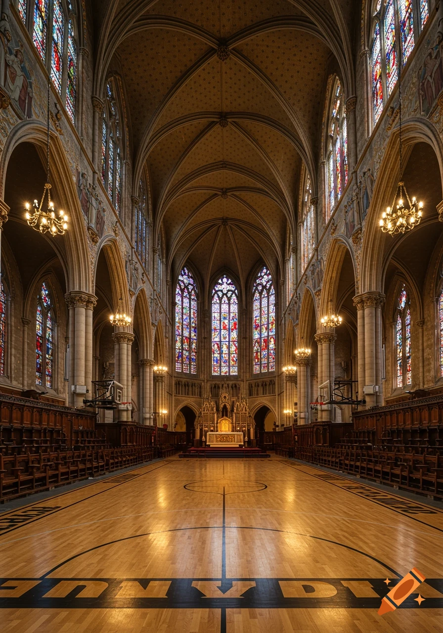 A grand, ornate church interior with stained glass windows converted into a basketball court, featuring a polished wooden floor and court markings.