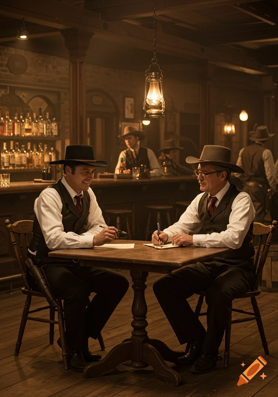 Two men in cowboy hats and vests sit at a table writing in a dimly lit old western saloon.