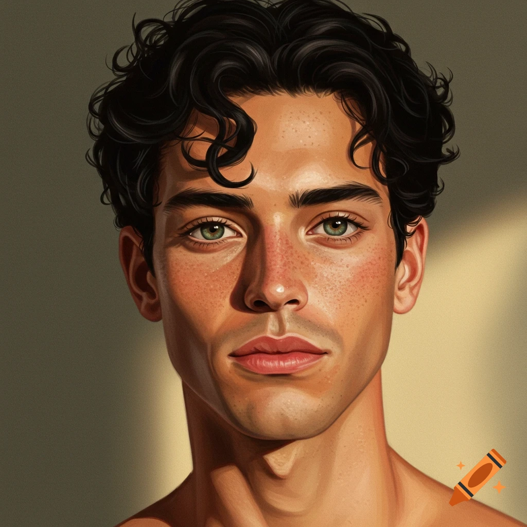 A close-up portrait of a man with dark curly hair, green eyes, and freckles, lit by sunlight.