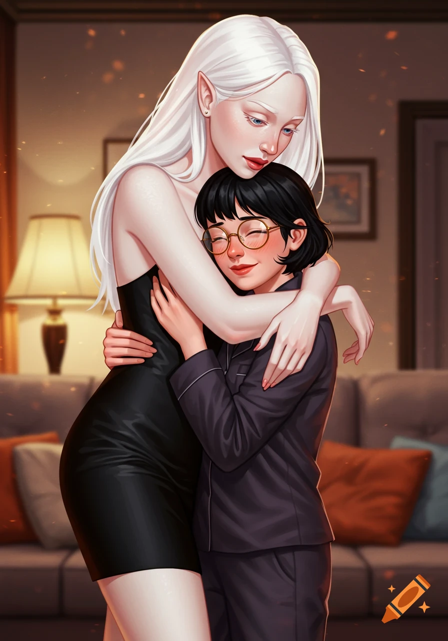 An albino woman with long white hair in a black dress hugs her girlfriend with short black hair and glasses, wearing pajamas, in a warmly lit home.