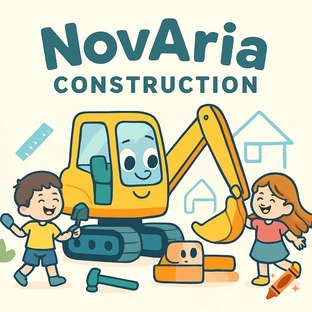 Cartoon illustration of a yellow mini excavator with a smiling face, a boy, and a girl on a construction theme background with "NovAria CONSTRUCTION" text.