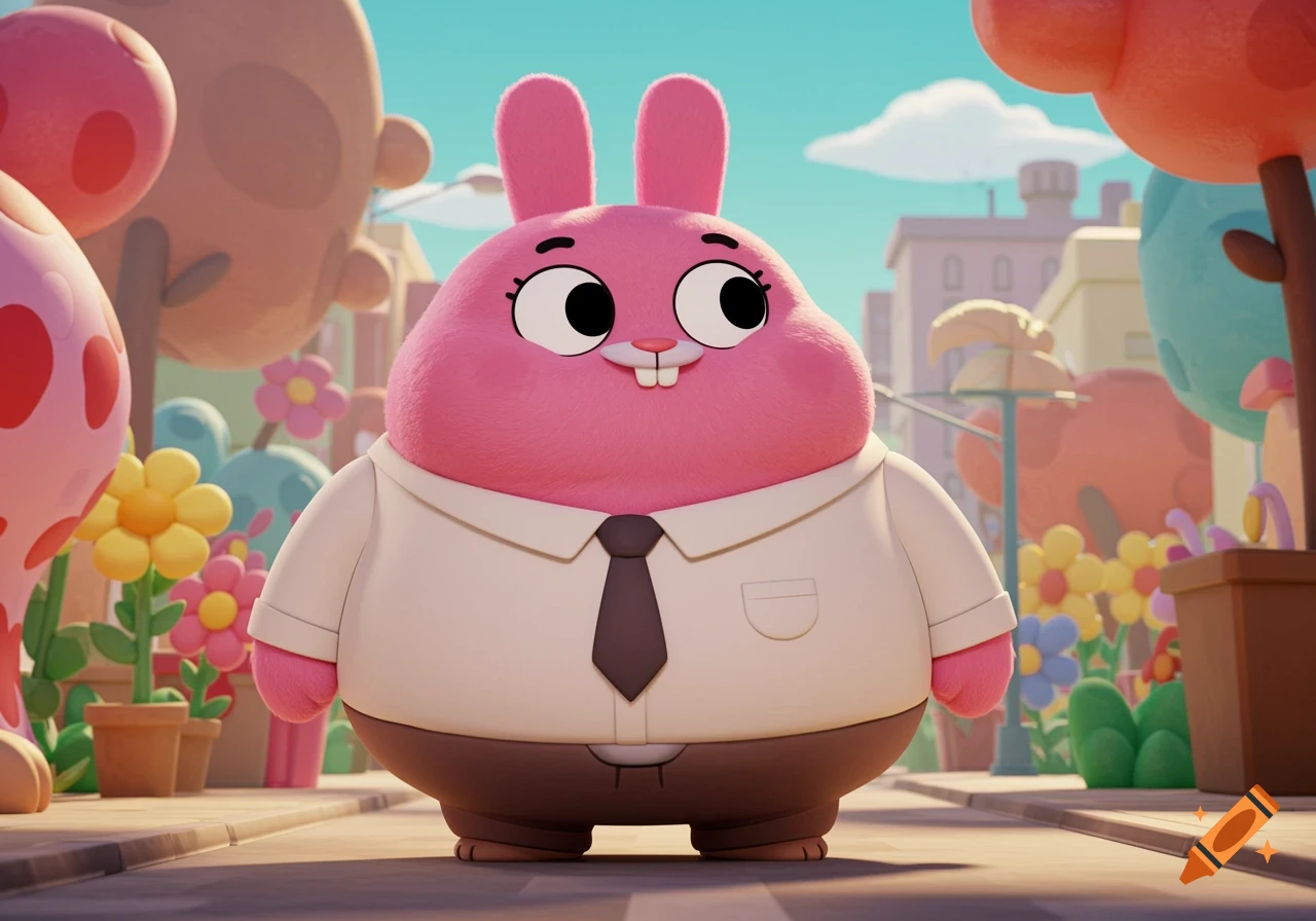 A chubby pink cartoon rabbit wearing a white shirt and black tie stands in a colorful animated town.