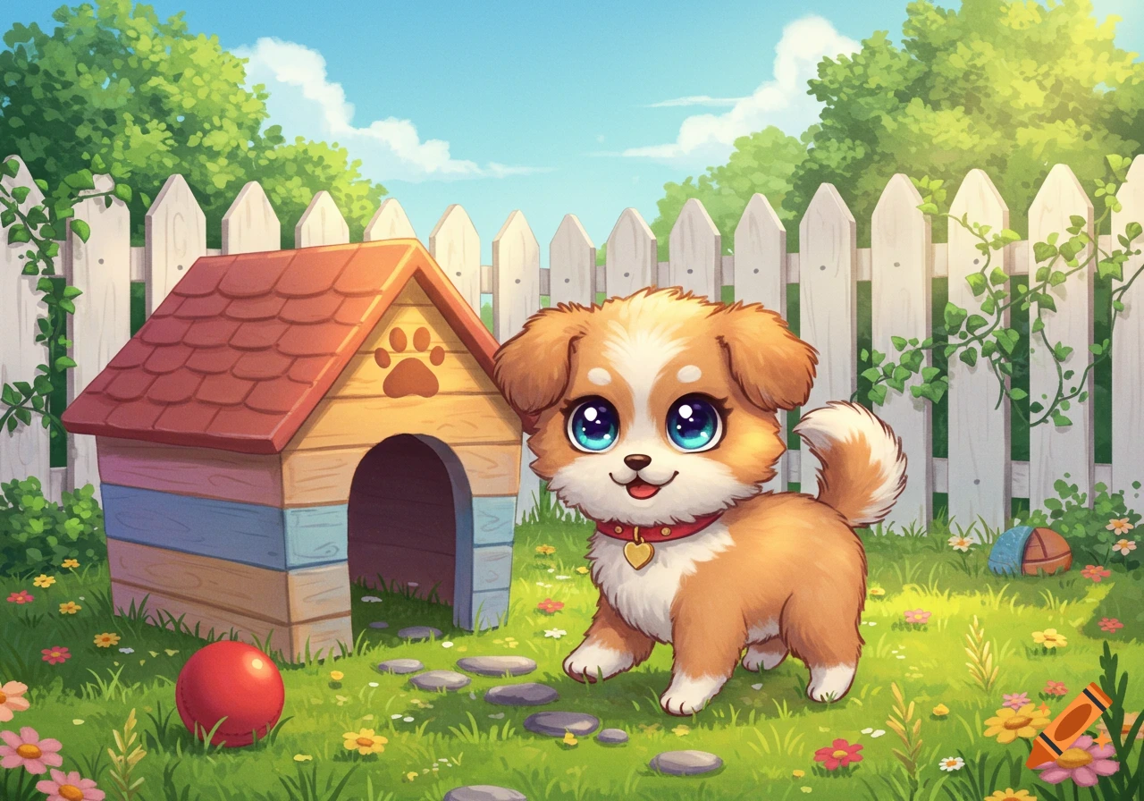 A cute chibi puppy with big blue eyes and a red collar stands in a sunny green backyard next to a colorful doghouse.