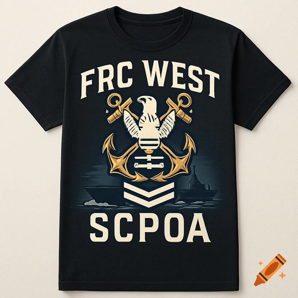 Black t-shirt with a white and gold navy emblem featuring an eagle, anchors, and stripes. Text reads 'FRC WEST' and 'SCPOA'.