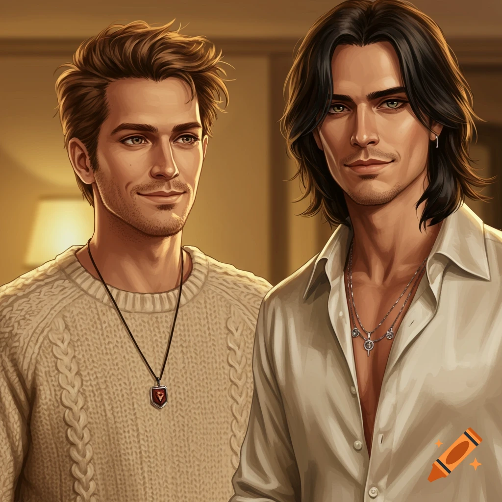 Illustration of two men. One with light brown tousled hair in a cream sweater, the other with long dark hair in an open white shirt and multiple silver necklaces.