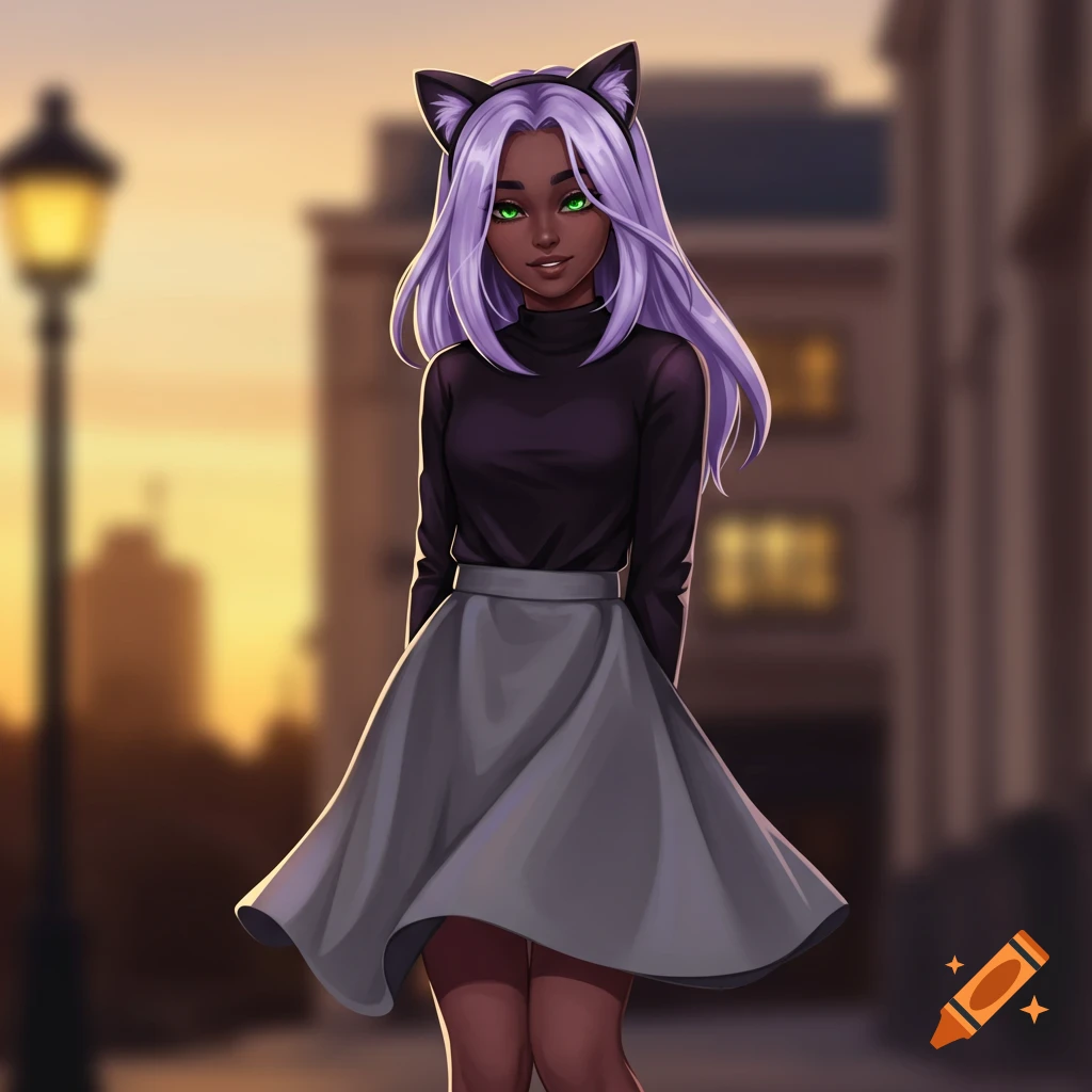 A dark-skinned girl with lavender hair and cat ears, wearing a black shirt and grey skirt, stands in a city street at sunset in an anime style.