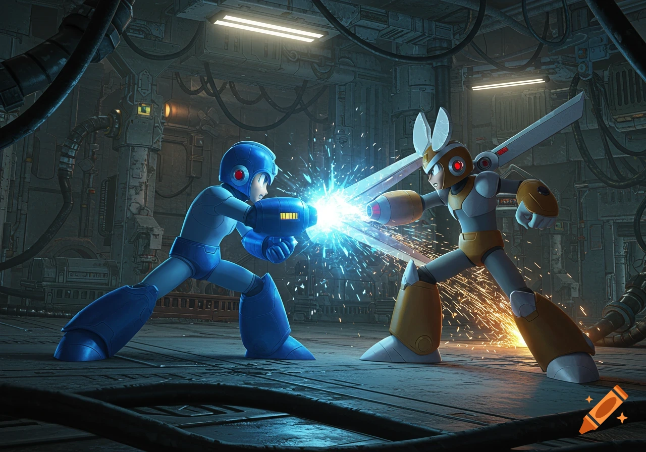 Photorealistic depiction of Mega Man firing his energy cannon at Cut Man in a futuristic, industrial environment.