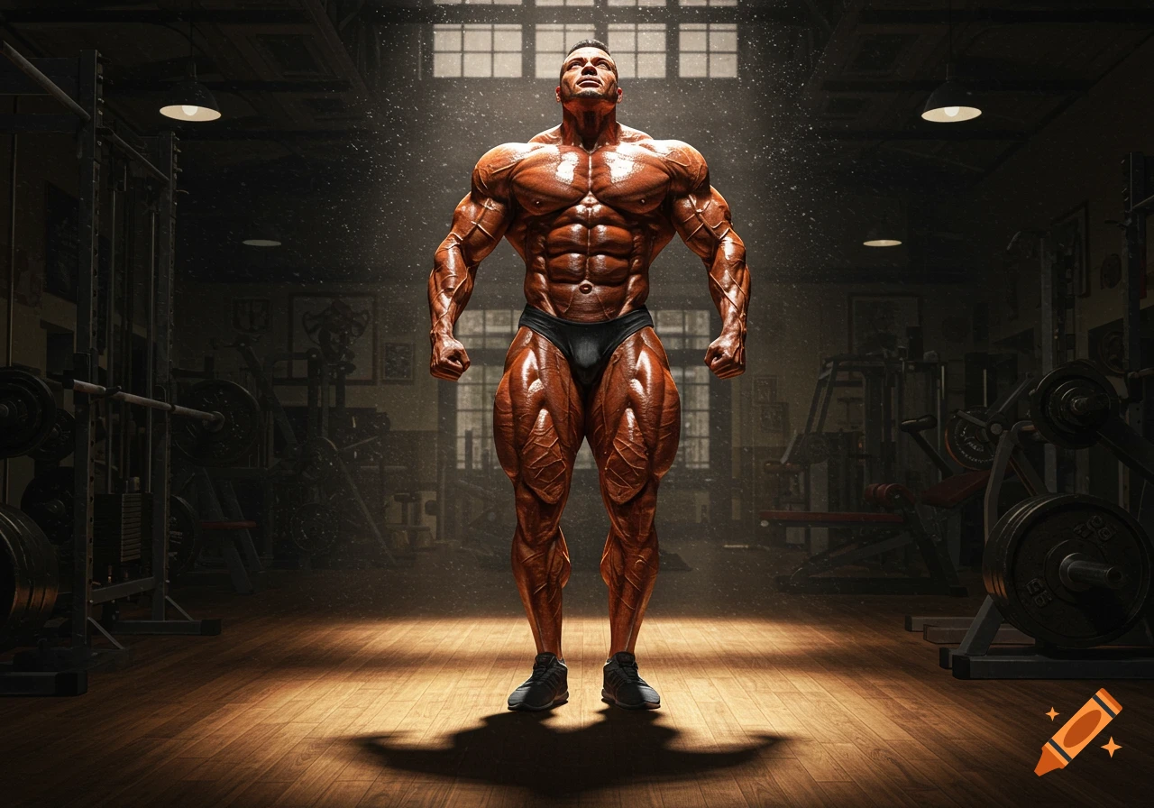 A muscular male bodybuilder in a posing trunk stands powerfully in a dimly lit gym with dramatic lighting.