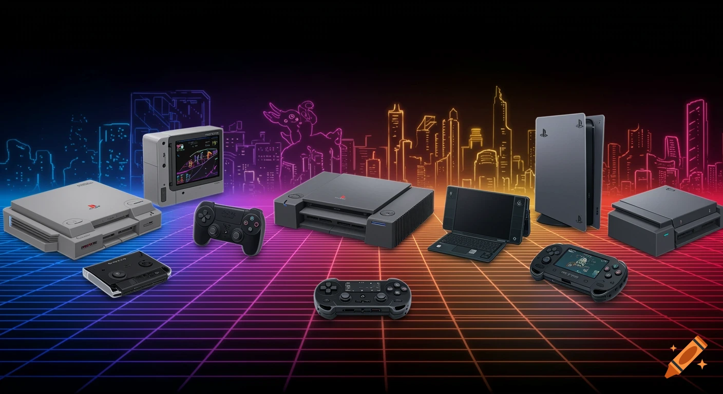 A vibrant banner showcasing various PlayStation consoles and controllers, from classic models to modern, arranged on a neon grid with a cityscape backdrop.