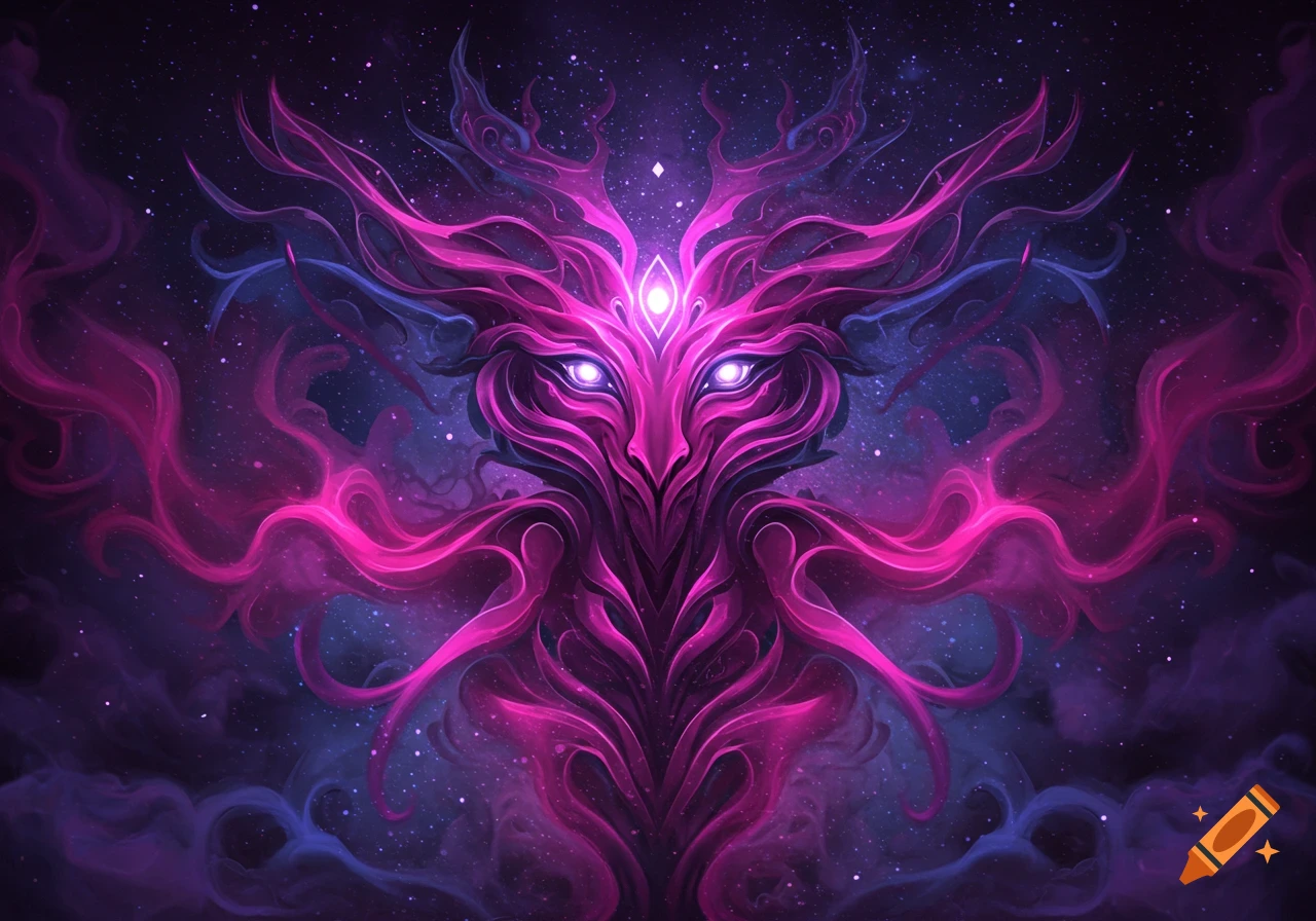 A symmetrical, abstract creature with glowing eyes and tendrils of magenta and purple energy against a starry cosmic background.