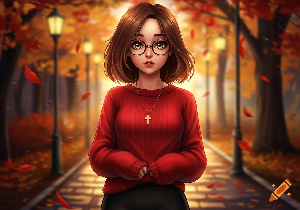 An anime girl with brown hair and glasses wearing a red sweater and a cross necklace stands on an autumn path with falling leaves.