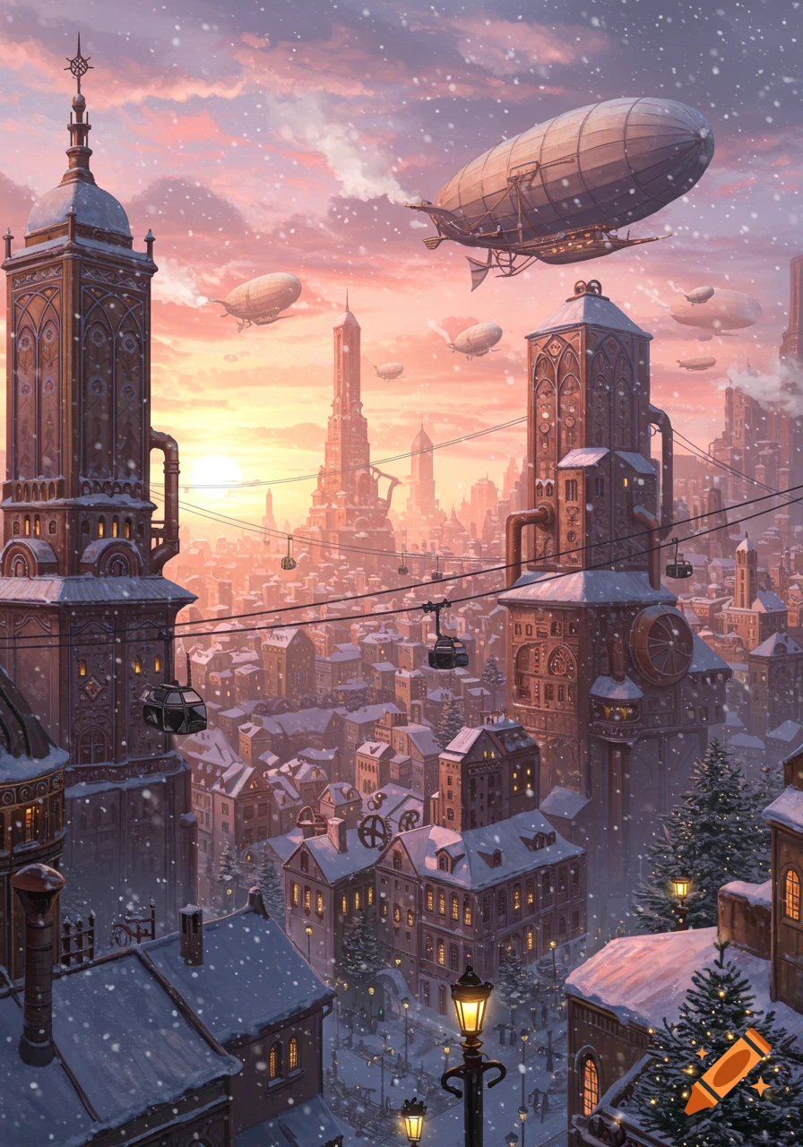 A detailed illustration of a snowy steampunk city with towering buildings, cable lifts, and airships floating under a pink sunset sky.