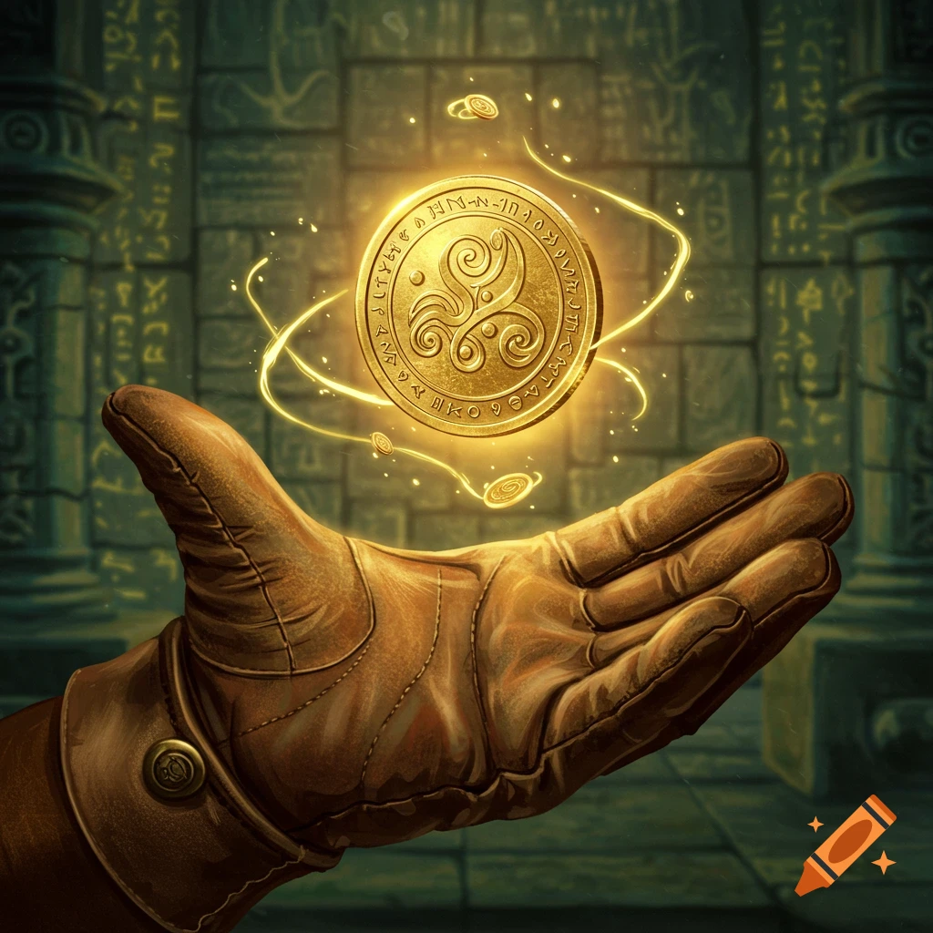 A gloved hand holds a glowing golden coin adorned with a spiraling design, surrounded by swirling light particles, in a dark, ancient ruin with carved walls.