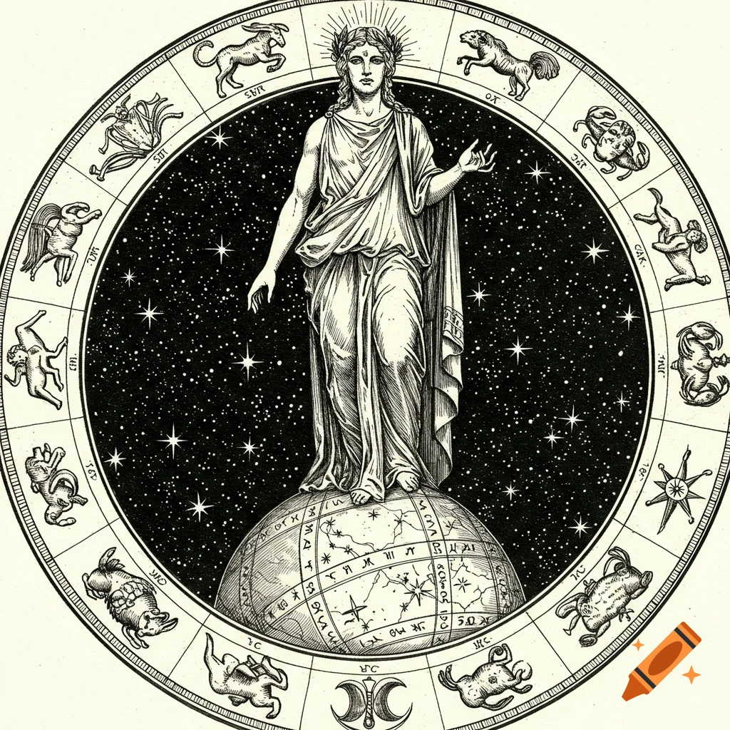 A black and white etching of a classical deity, Aion, standing atop a globe, surrounded by a ring of zodiac signs against a starry background.