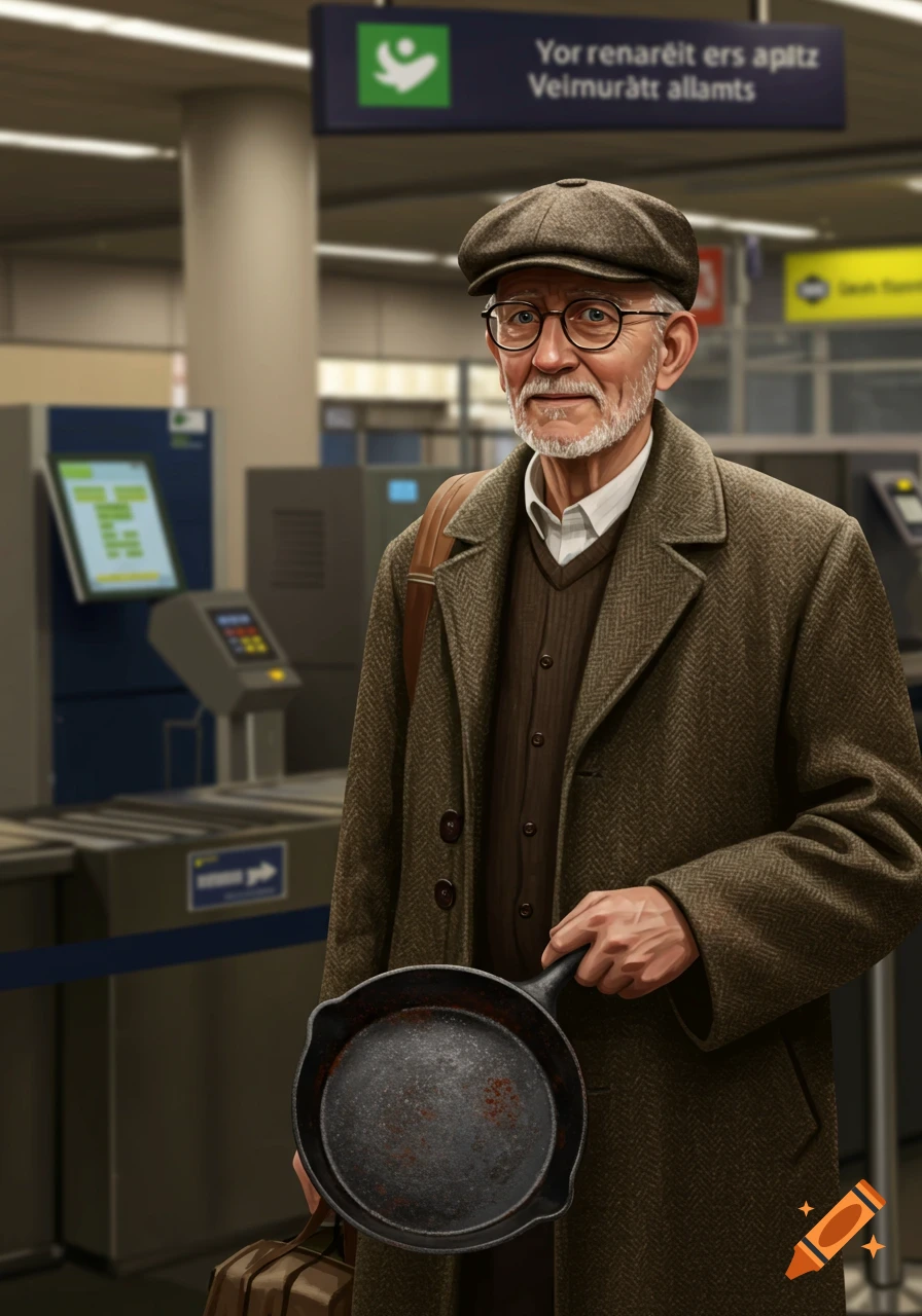 An elderly man in a brown coat and flat cap smiles while holding a cast iron skillet in an airport security line.