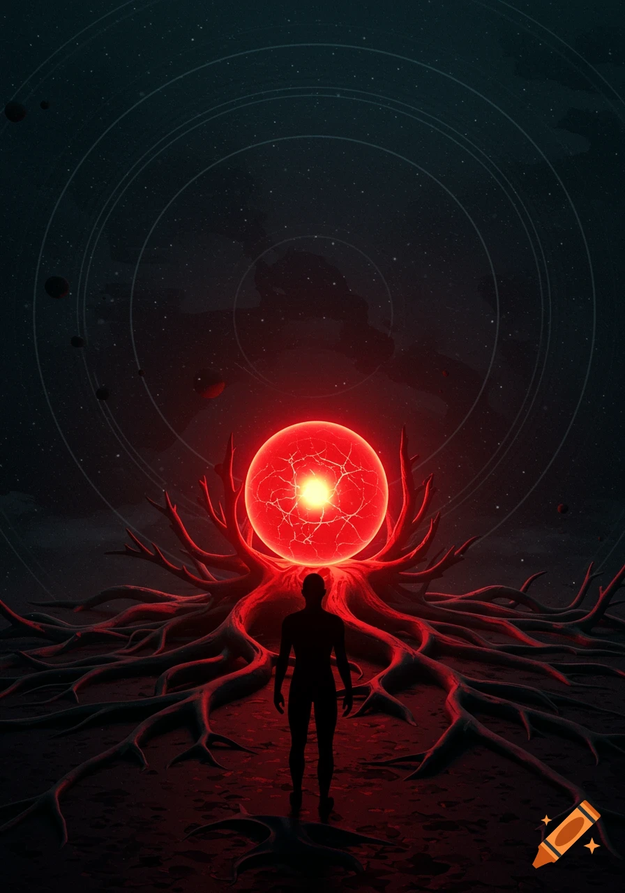 A silhouetted figure stands before a glowing red orb with glowing roots, under a dark, starry sky with faint concentric rings.