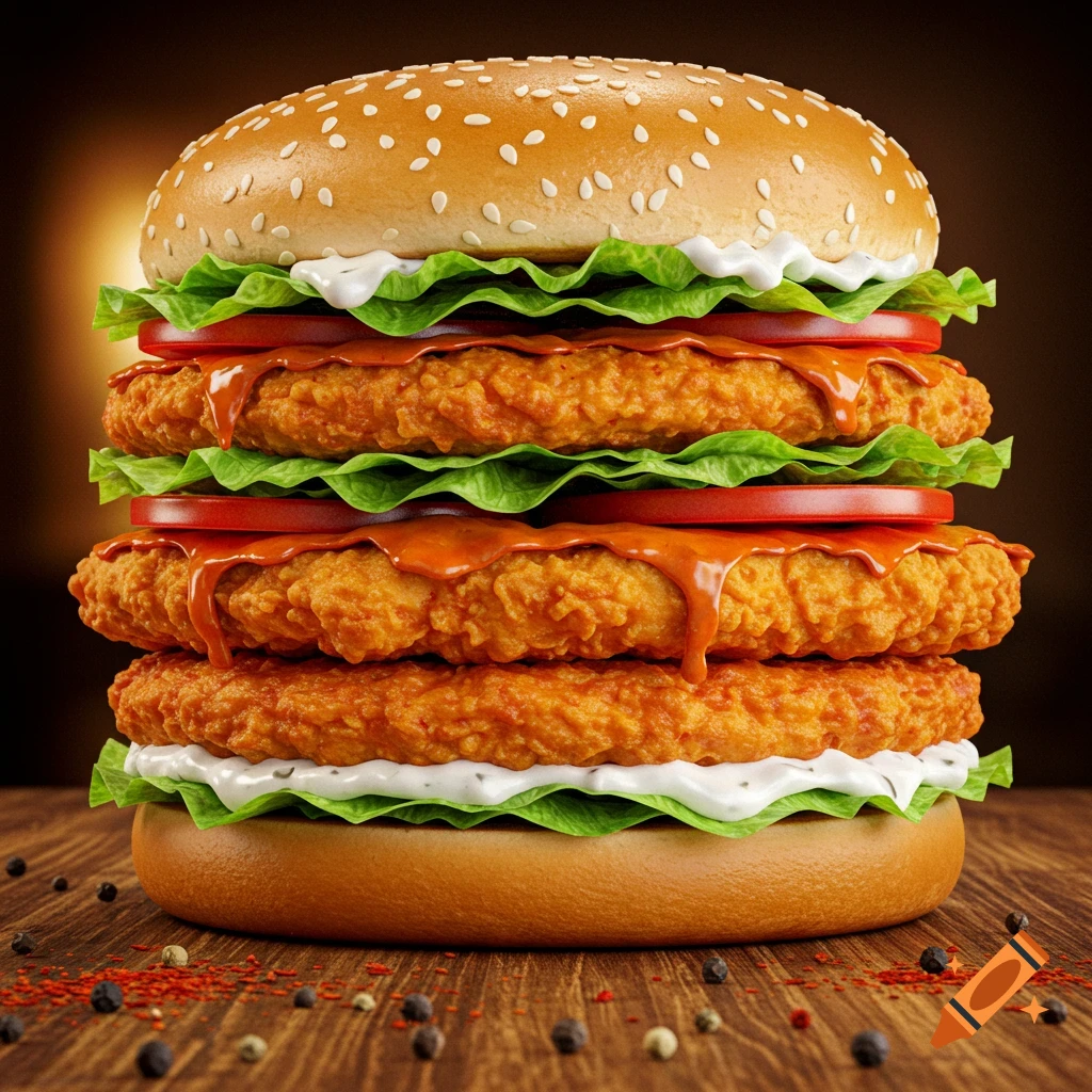 A towering, photorealistic triple-decker crispy chicken burger with lettuce, tomato, white sauce, and dripping orange buffalo sauce on a wooden surface.