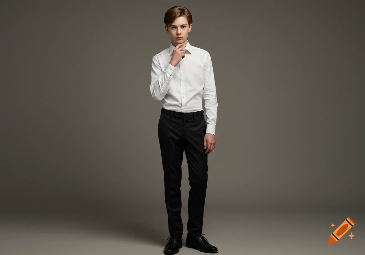 A young man wearing a white long-sleeve dress shirt, black dress pants, and black dress shoes, standing and posing against a plain gray background.