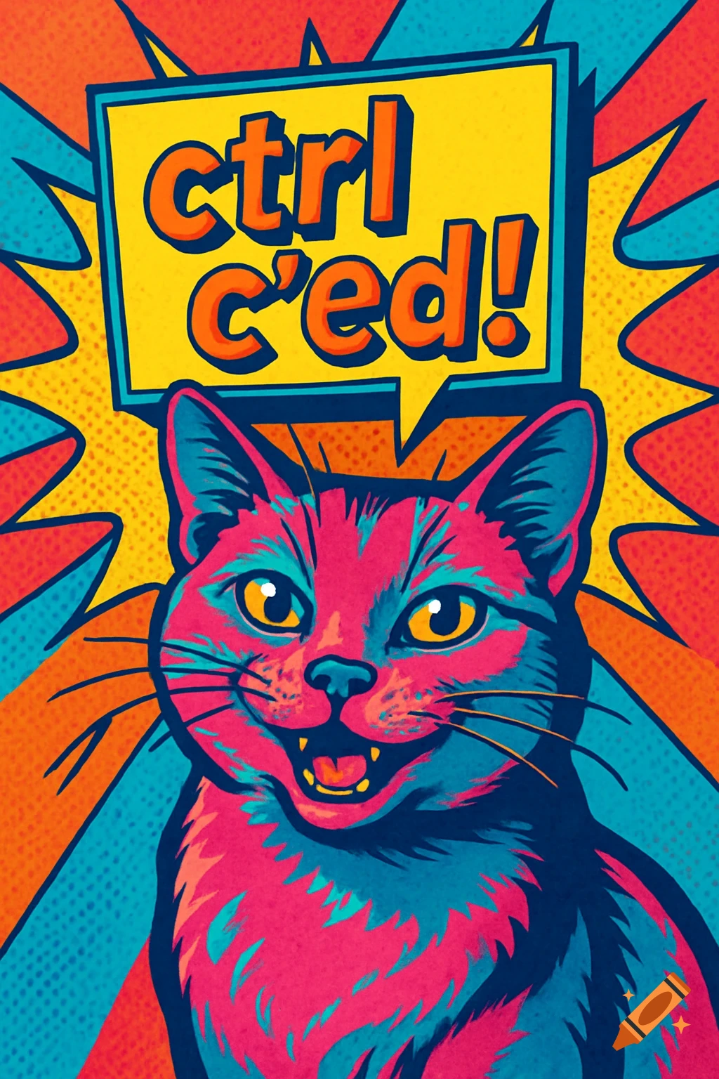 A vibrant pop art illustration of a smiling pink and blue cat with yellow eyes, with a yellow speech bubble above its head reading 'ctrl c'ed!'.