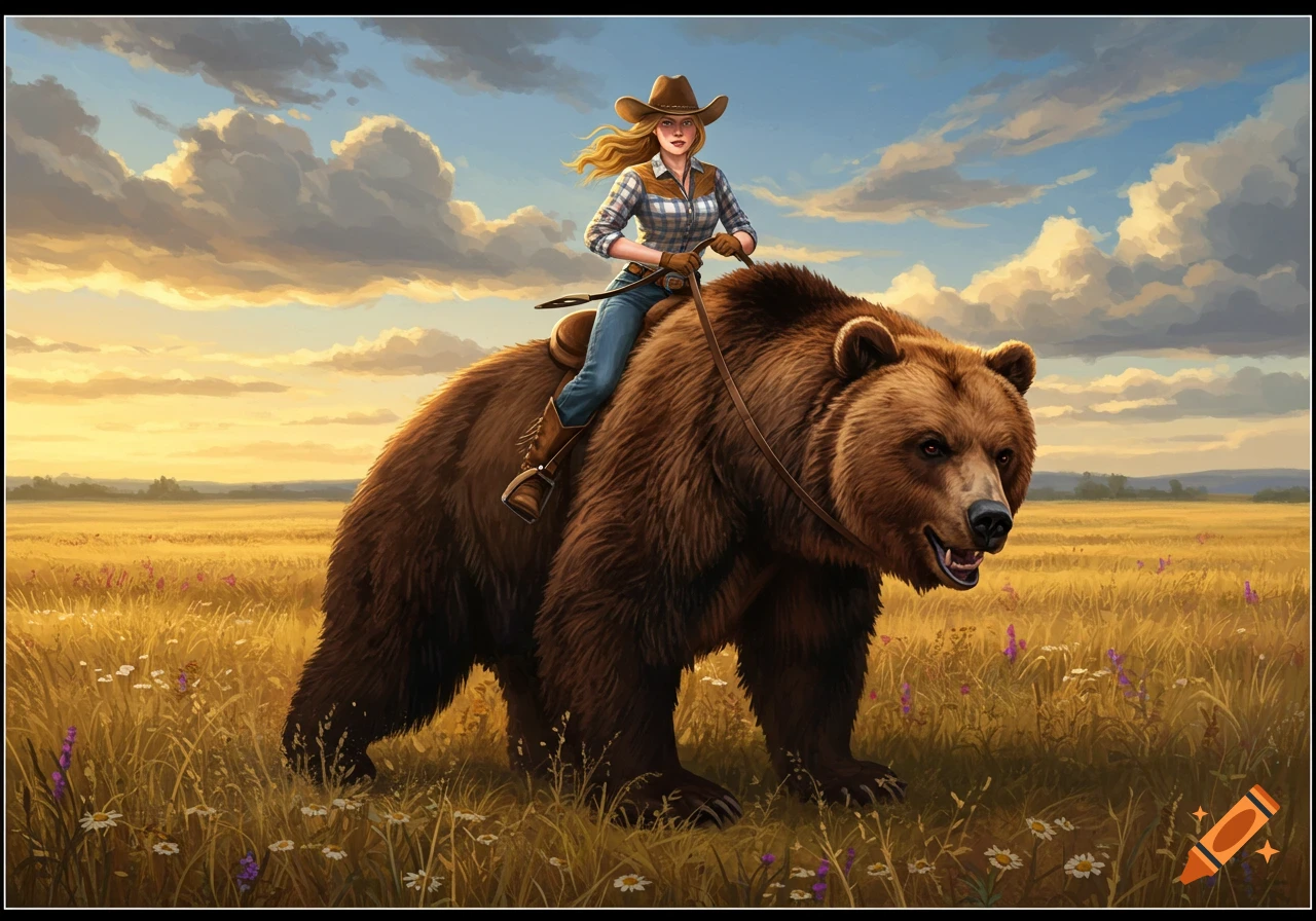 An illustrated image of a cowgirl riding a large brown bear through a grassy field at sunset.