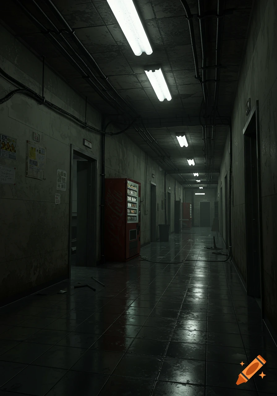 A long, dimly lit, narrow hallway with a red vending machine on the left and a series of fluorescent lights on the ceiling.