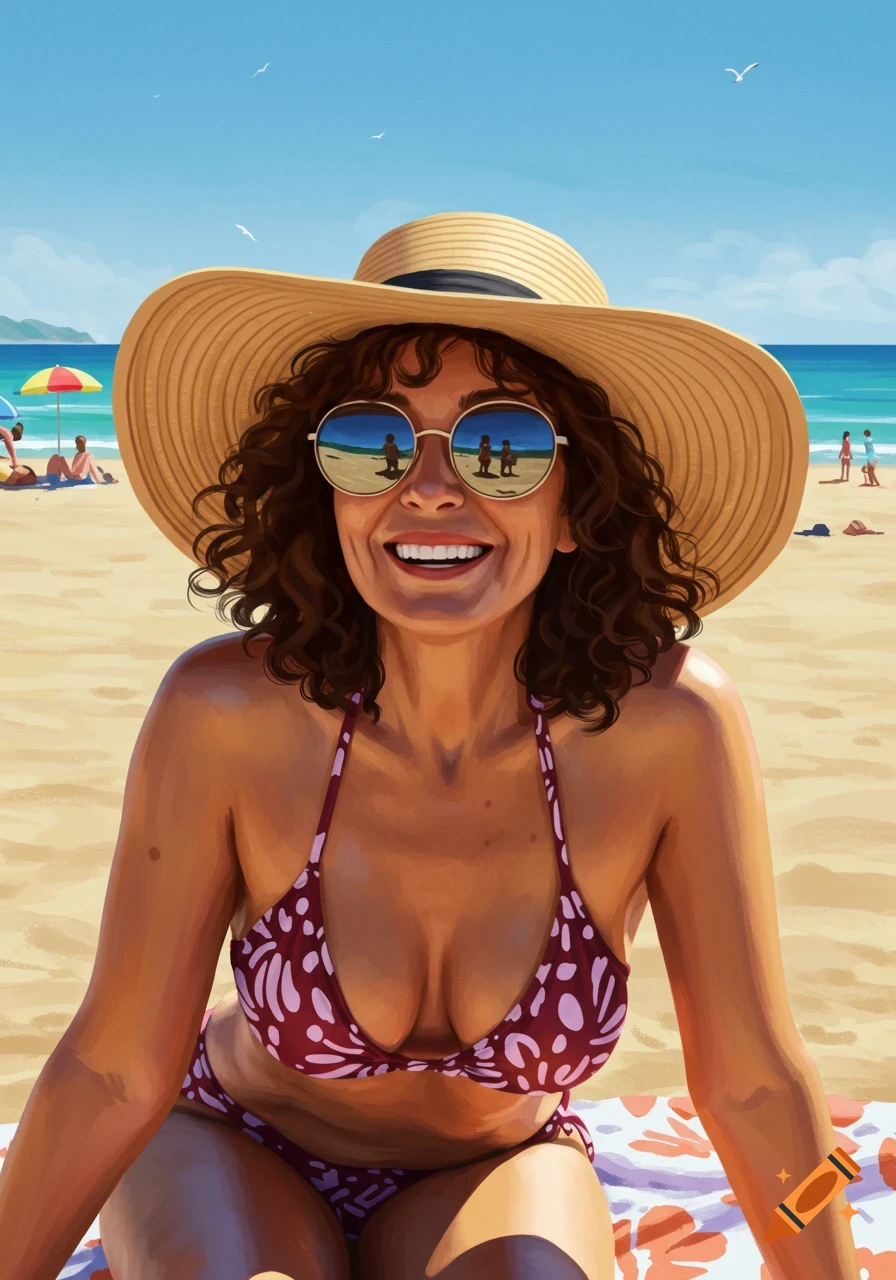 A smiling woman in a bikini and straw hat on a sunny beach, looking towards the viewer. The ocean and other beachgoers are visible in the background and reflected in her sunglasses.
