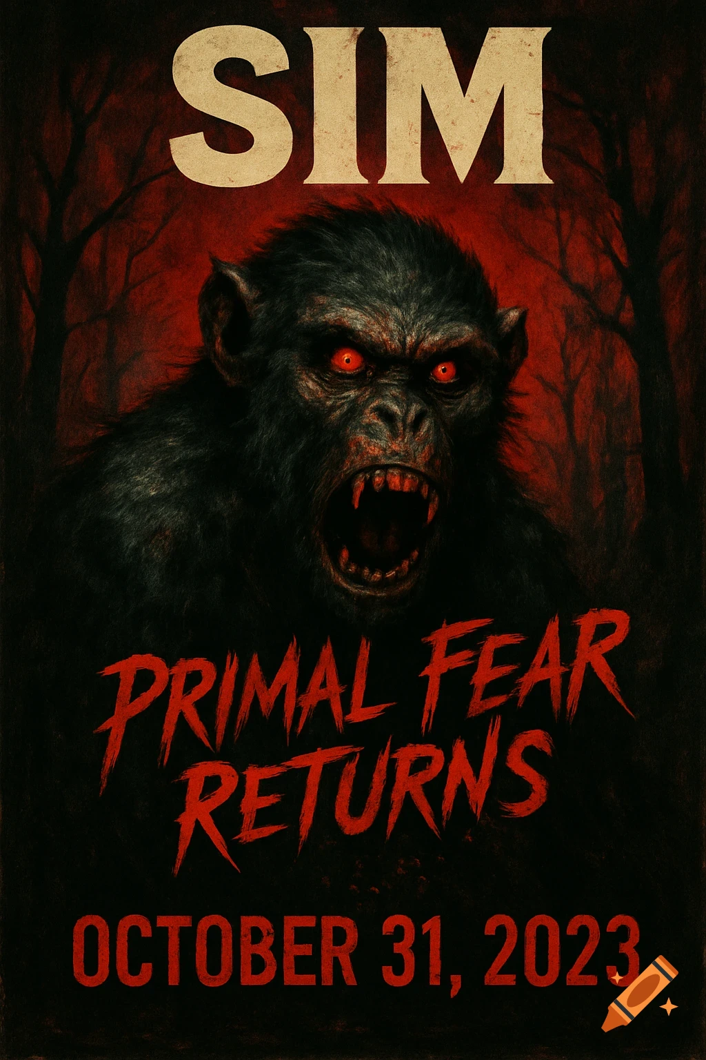 A horror movie poster with a monstrous ape, glowing red eyes, and bared fangs. Text reads 'SIM', 'PRIMAL FEAR RETURNS', 'OCTOBER 31, 2023'.