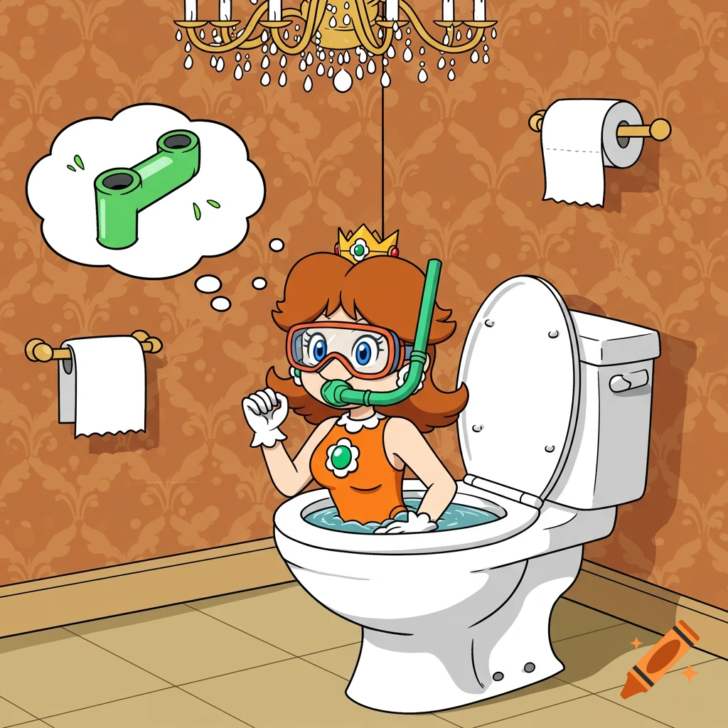 Princess Daisy in a snorkel and goggles, submerged in a toilet filled with water, thinking of a green warp pipe.