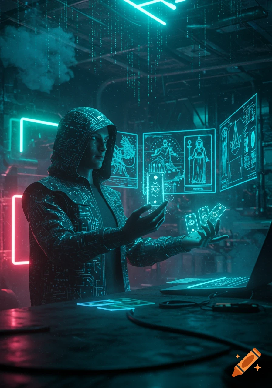 A hooded figure in a dark cyberpunk setting interacting with glowing blue holographic tarot cards and screens.