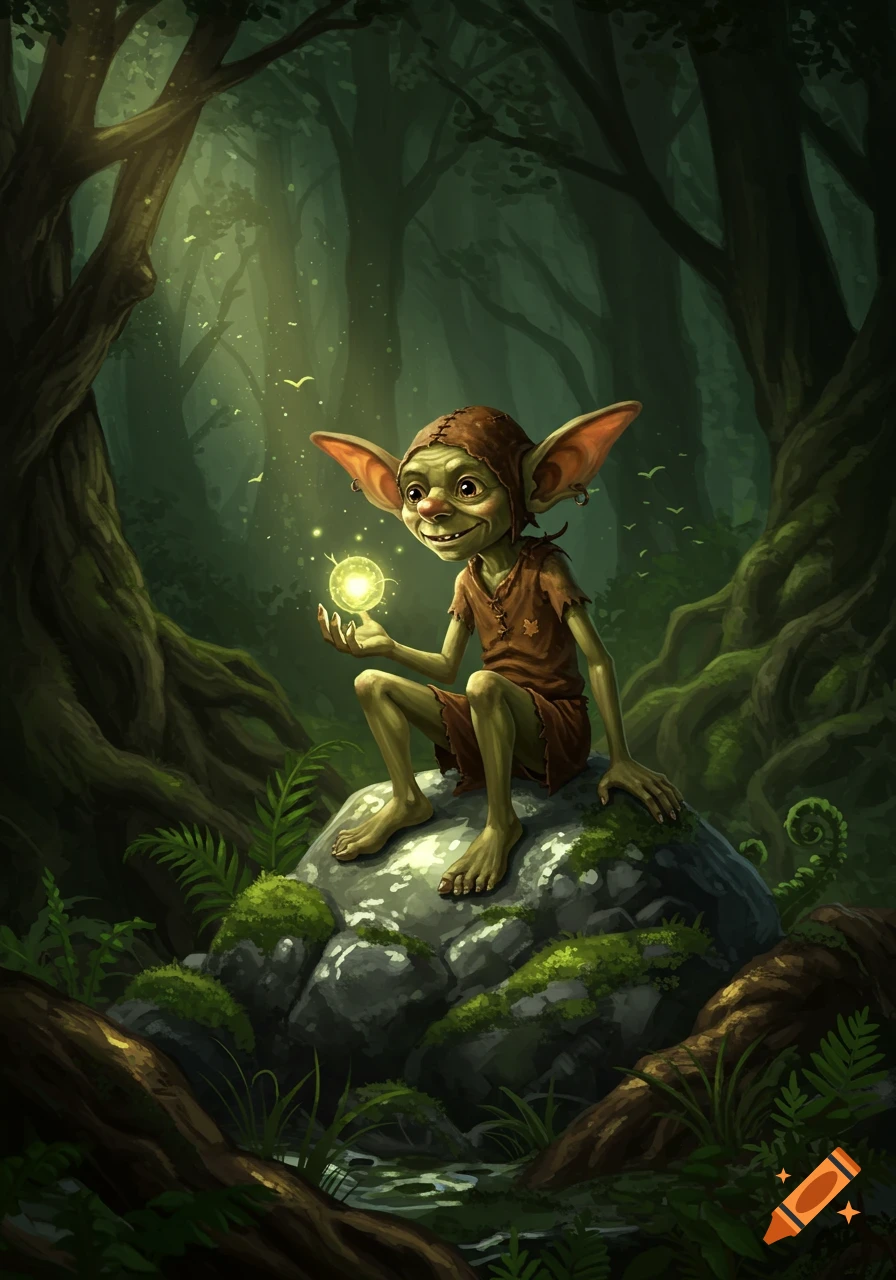 A whimsical goblin with large ears sits on a mossy rock in a sun-dappled forest, holding a glowing magical orb.
