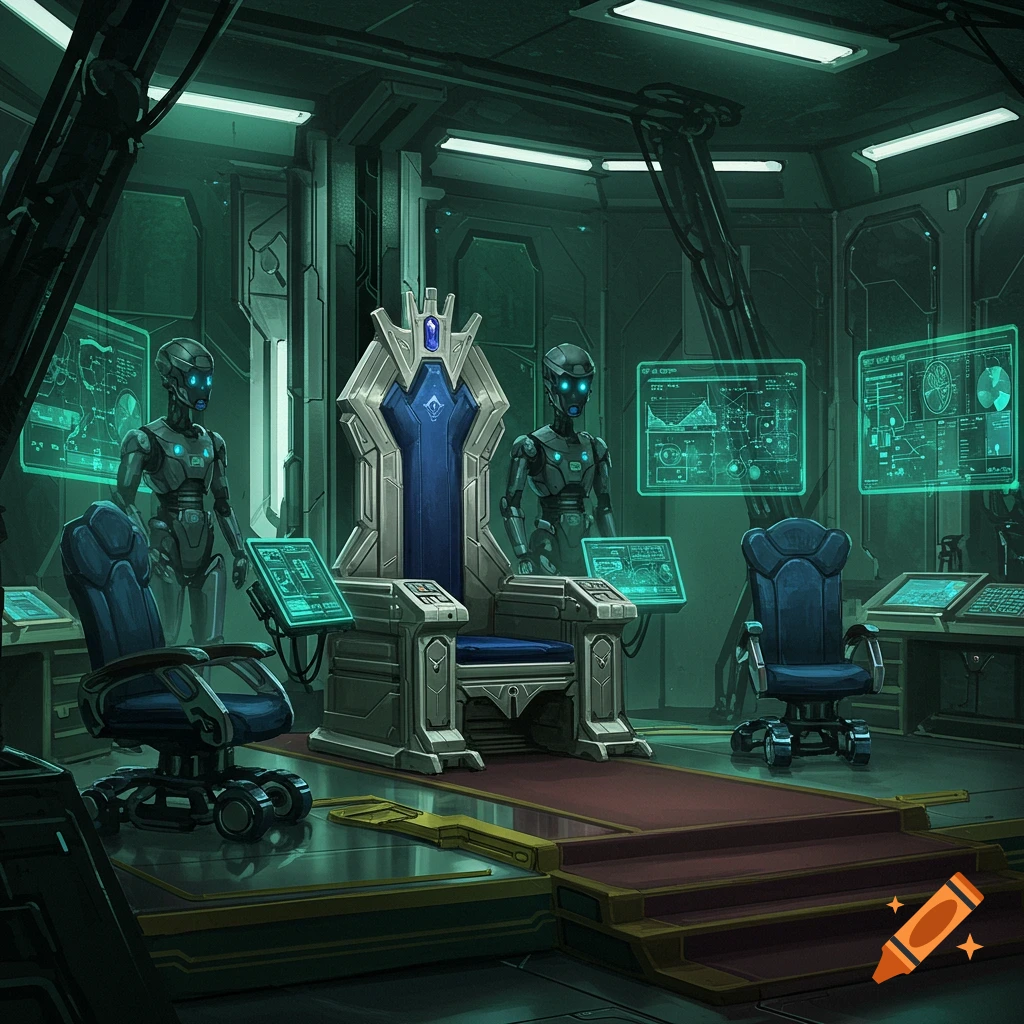 A dark, futuristic throne room with glowing green screens, a regal blue and silver throne, and two robotic figures standing guard. Two office chairs are also present.
