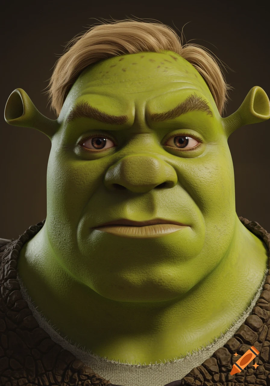 Close-up photorealistic portrait of Shrek with short blonde hair and a serious expression.