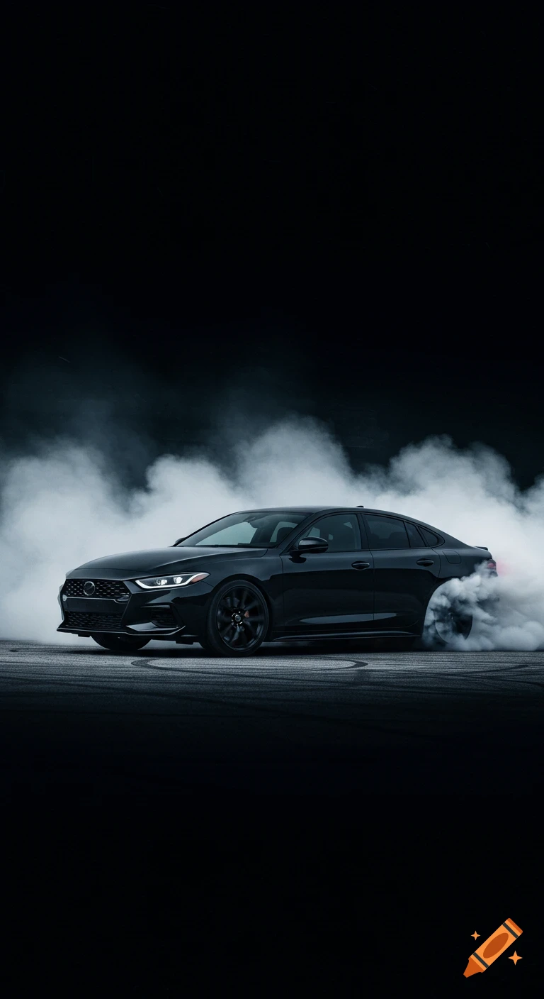 A sleek black sedan performs a burnout, generating a large cloud of white smoke against a dark background.