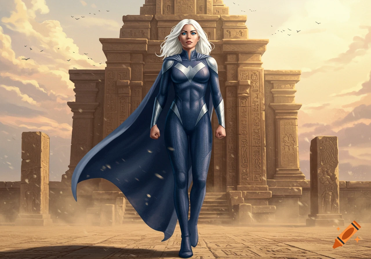 A white superhero woman with white hair and a blue suit stands in front of ancient stone temple ruins.