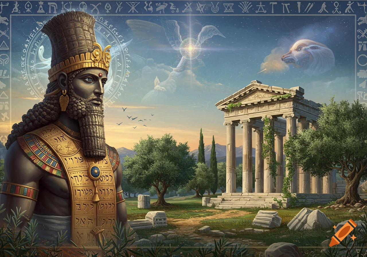 A dark-skinned ancient figure with a large beard and elaborate golden armor stands before a Greek temple under a starry sky with mythical creatures.