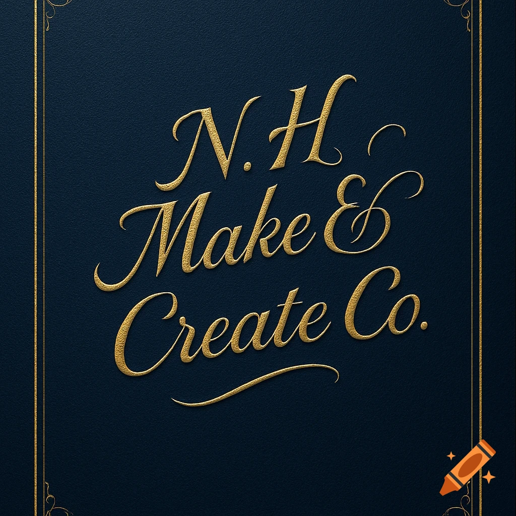 Golden cursive text "N.H. Make & Create Co." on a dark blue textured background with a golden border.