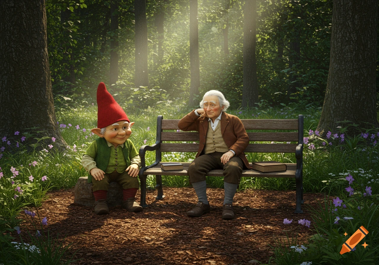 A whimsical garden gnome sits on a rock next to an old man on a park bench in a sun-dappled woodland.