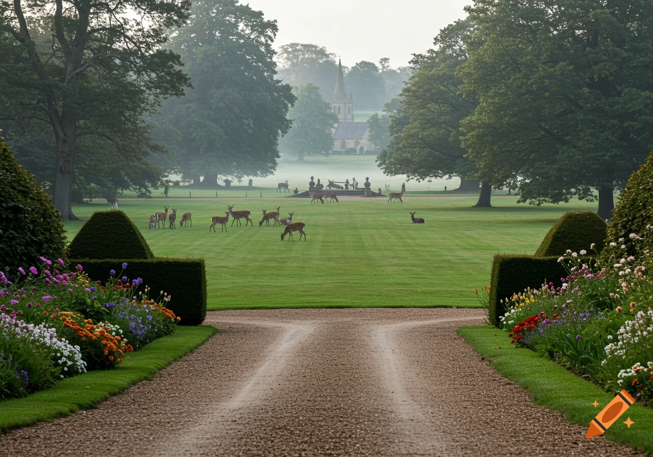 A serene gravel path leads to a lush green lawn with grazing deer, flanked by colorful flowers and hedges, with a misty church spire in the distance.
