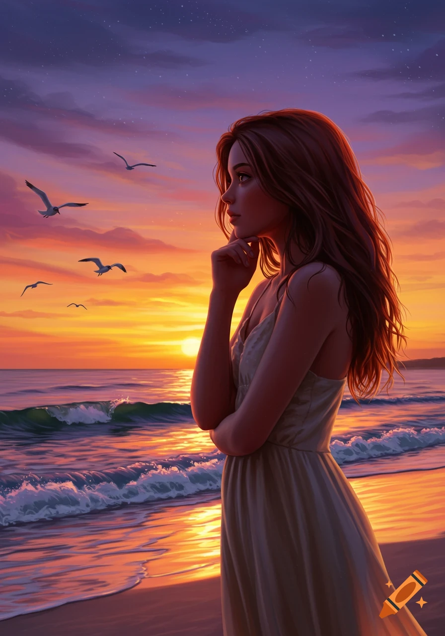 Digital painting of a woman on a beach at sunset, gazing at the ocean with flying seagulls.