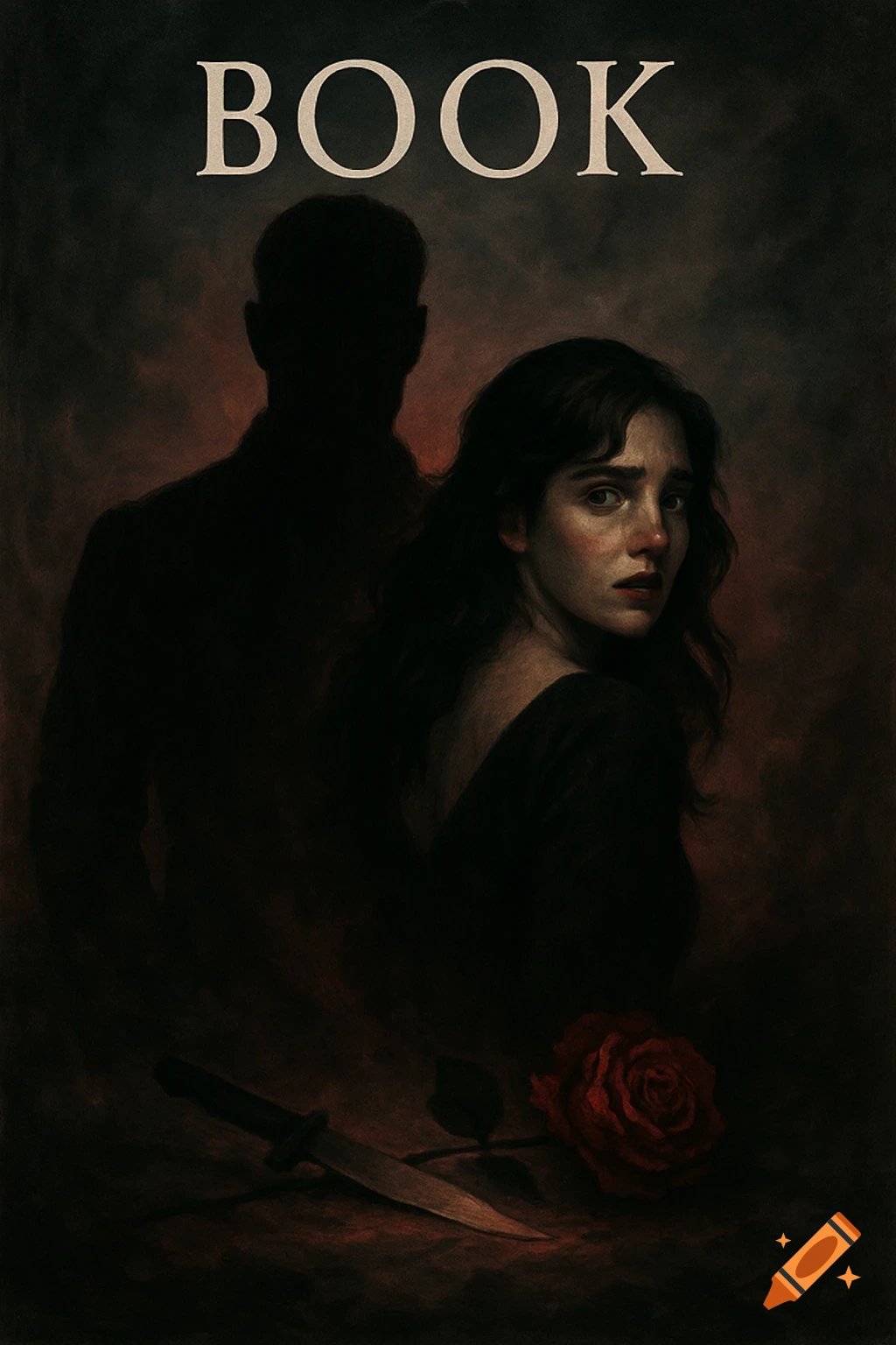 A dark romance book cover illustration showing a silhouetted man behind a fearful woman, with a knife and a red rose on the ground. The title 'BOOK' is at the top.