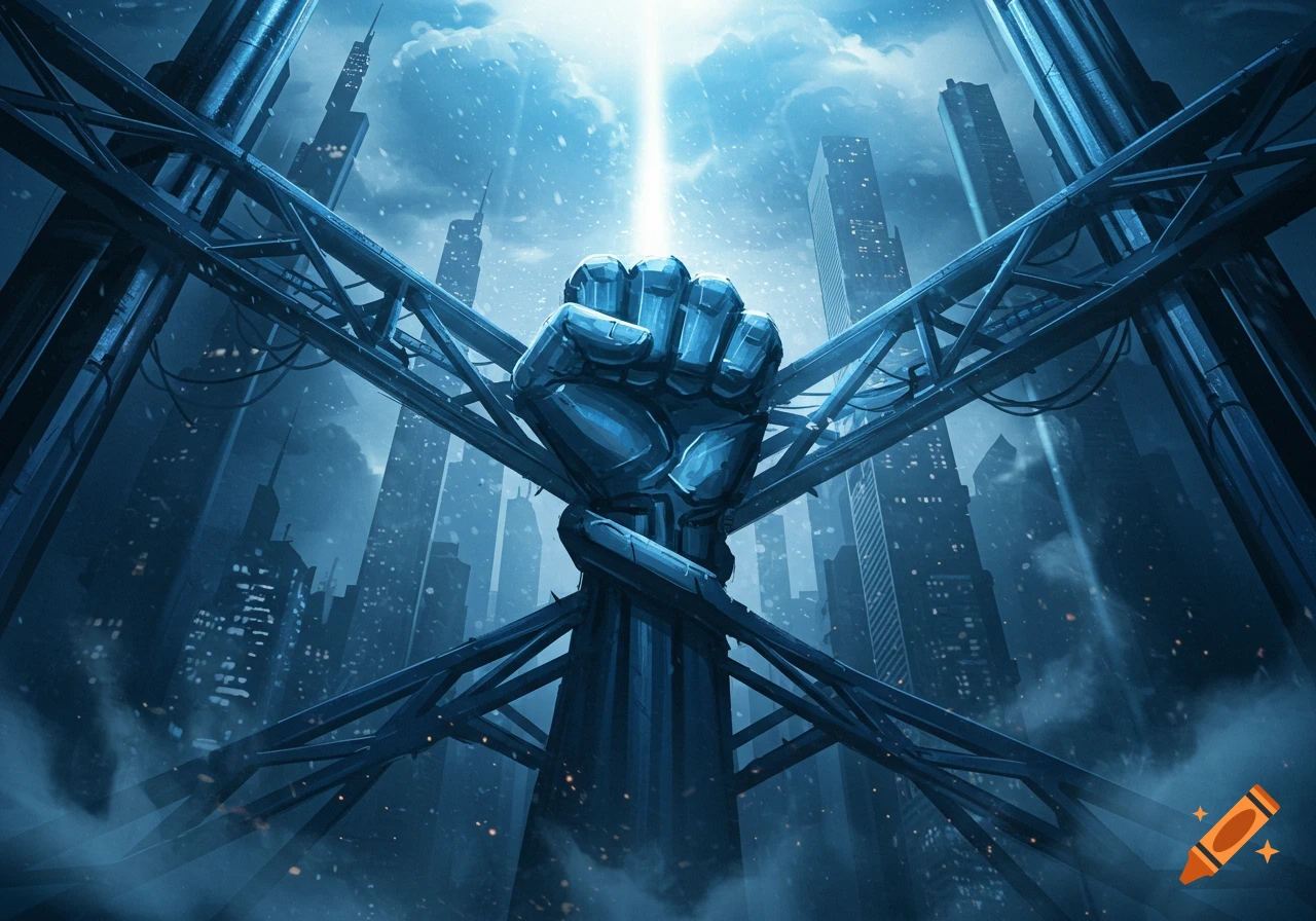 A colossal metallic fist statue rises from the center of a futuristic blue-hued city, illuminated by a bright beam of light from the sky.