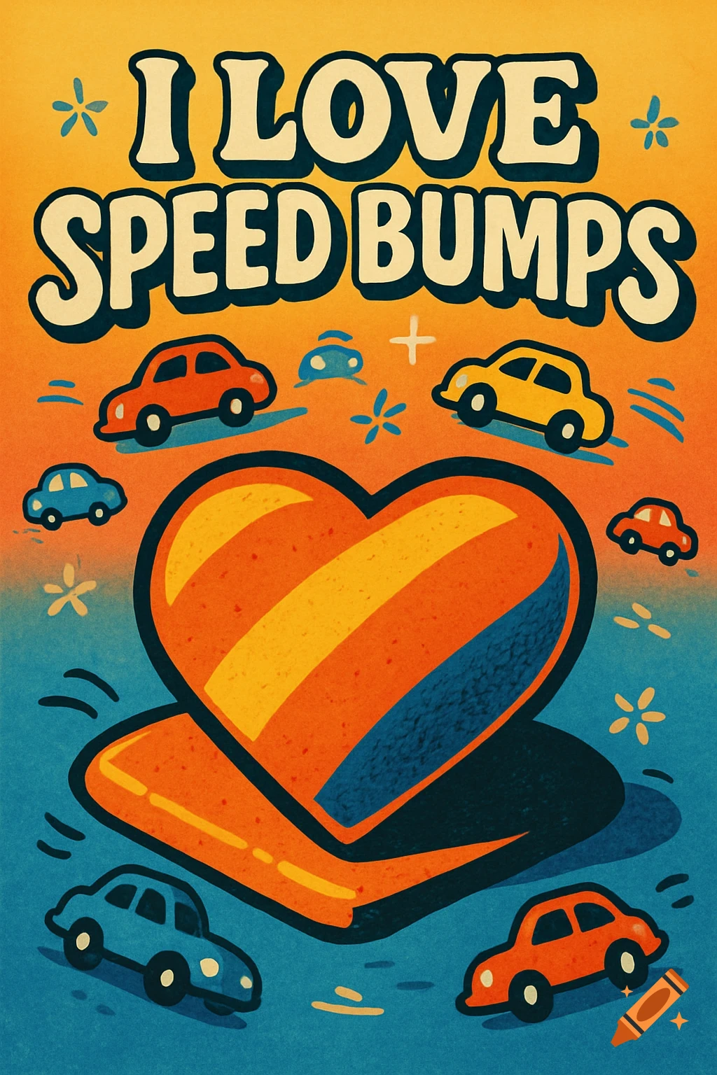 A retro-style poster with 'I LOVE SPEED BUMPS' text, a large striped heart, and small cartoon cars on an orange and blue gradient background.