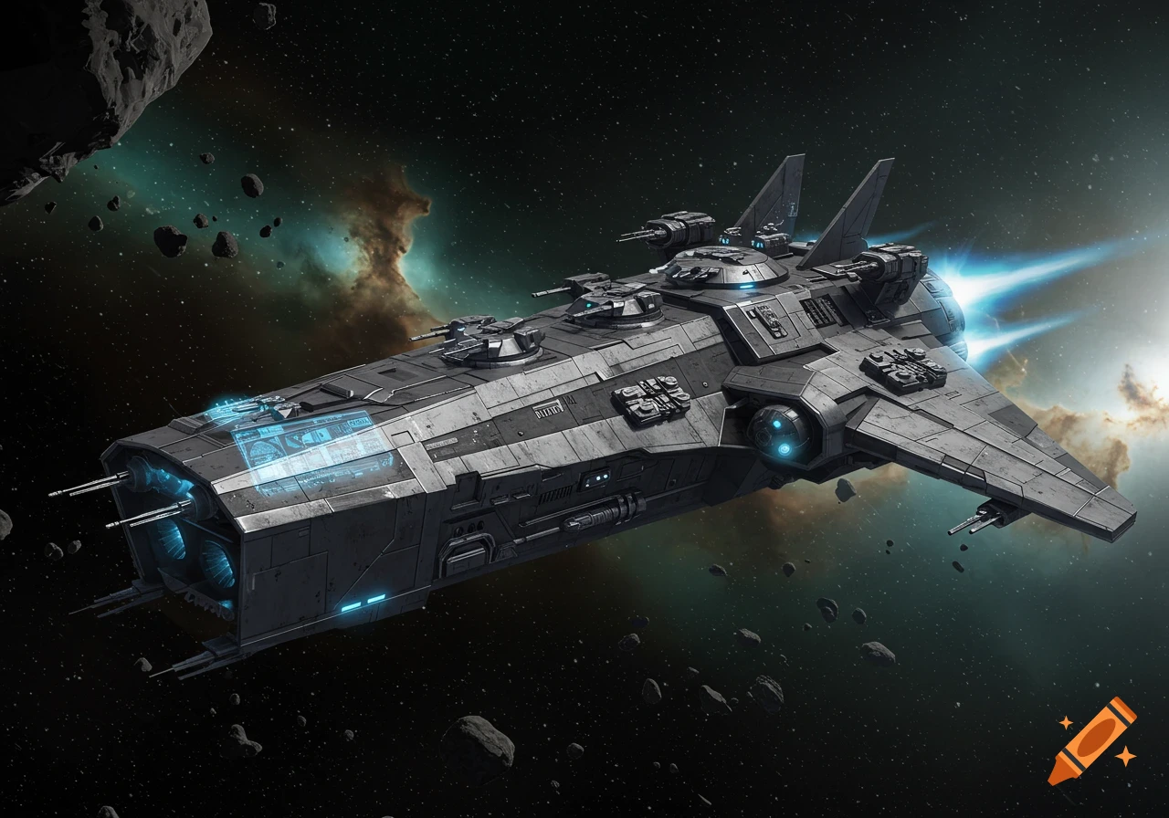 A detailed, sleek grey spacecraft with blue glowing engines flies through dark space, surrounded by asteroids and a distant teal and brown nebula.