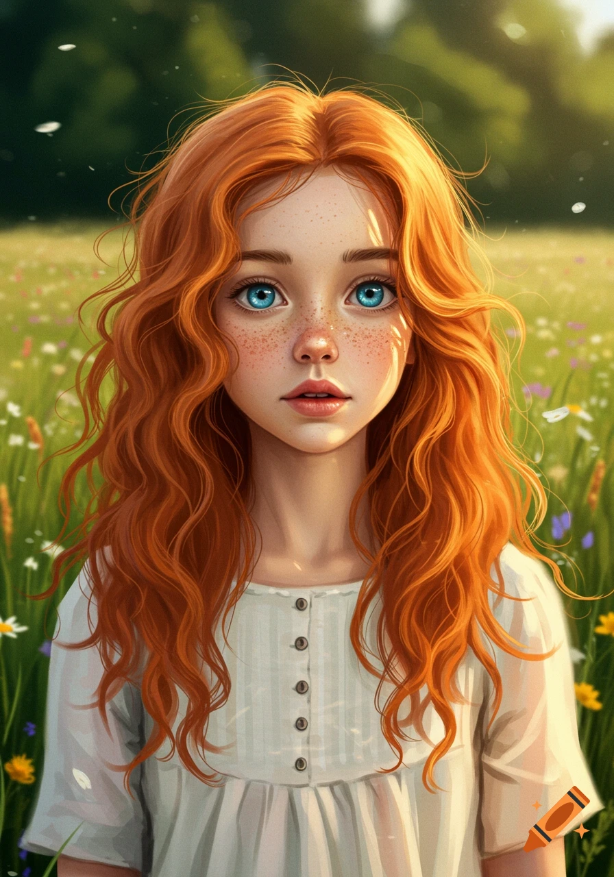 Digital painting of a red-haired girl with blue eyes and freckles standing in a sunny field of wildflowers.