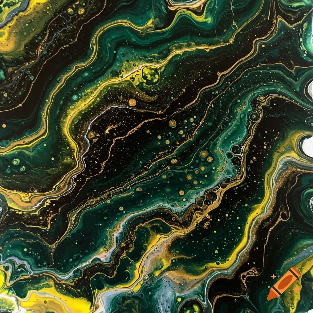 An abstract poured acrylic painting with swirling patterns of dark green, black, yellow, white, and gold, resembling a geode or nebula.