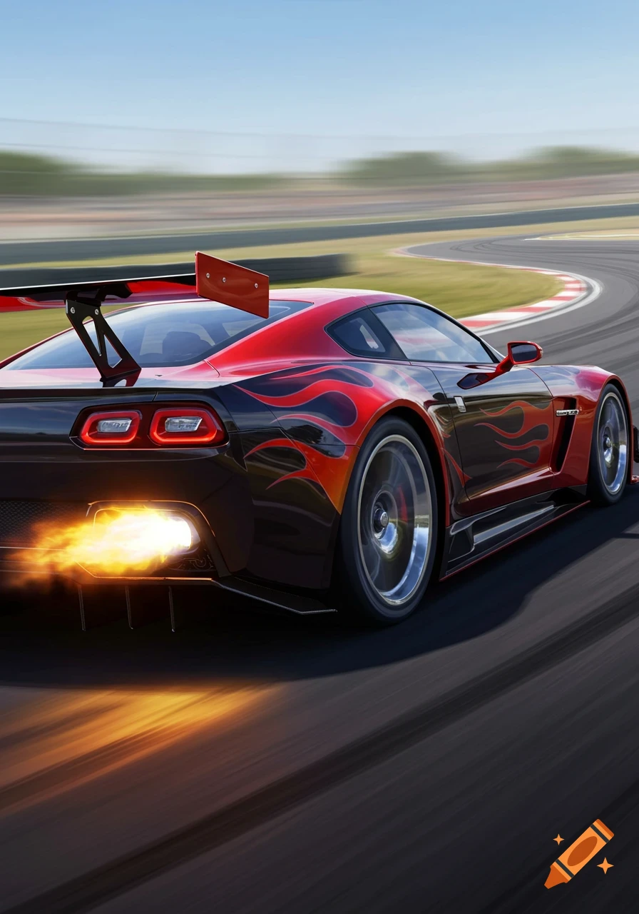 A red and black race car with flames from its exhaust speeds along a racetrack.